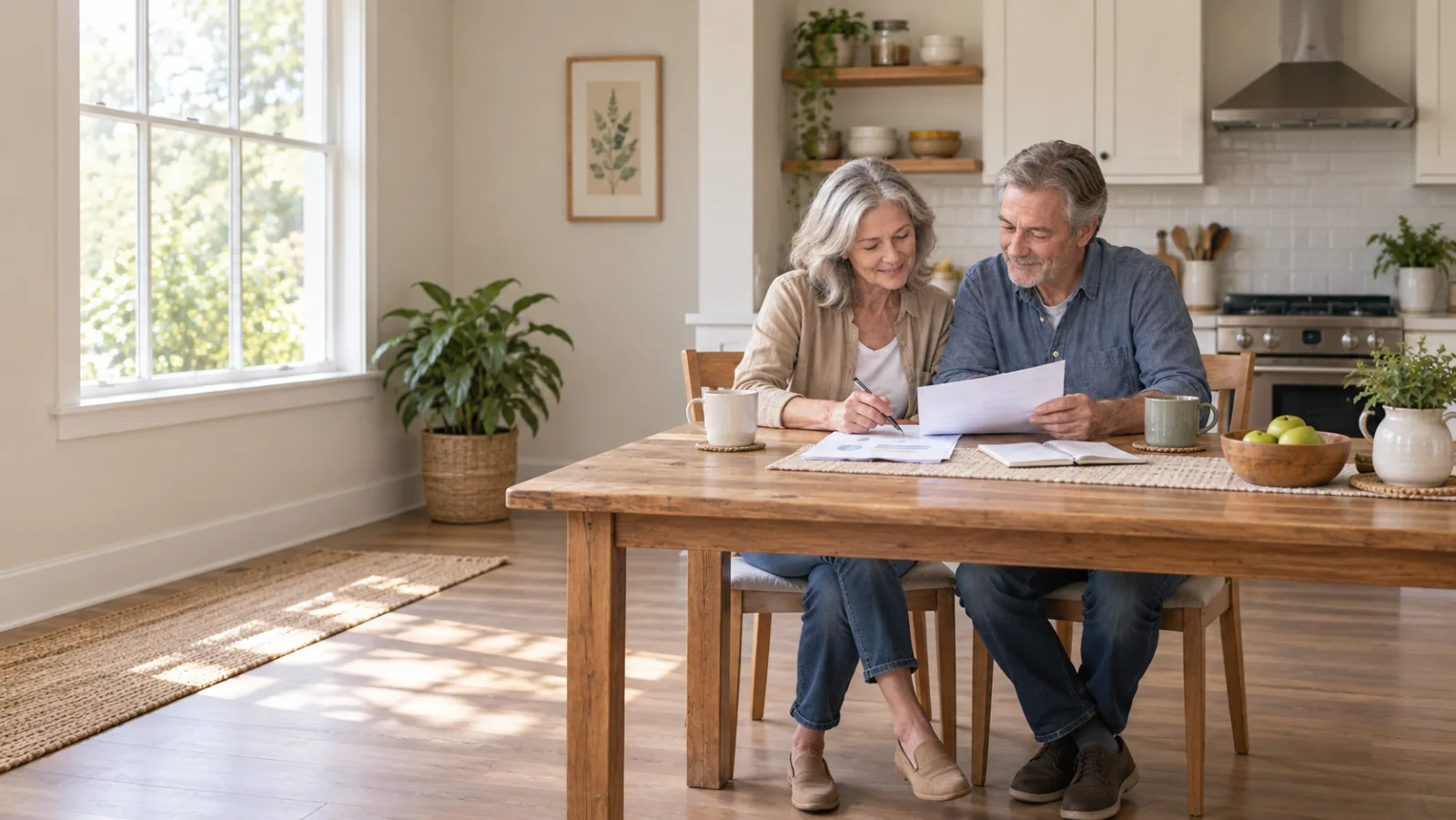 A couple reviews a retirement-income worksheet together at a kitchen table